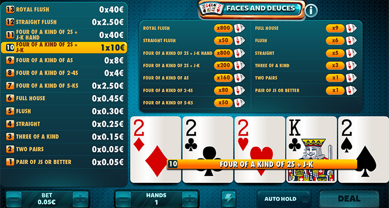 Try to obtain the Four of a Kind of twos in order to win the biggest prize